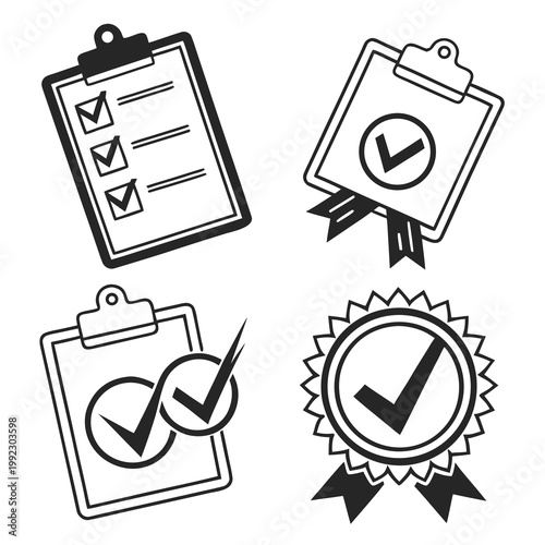 A set of black and white vector icons featuring clipboard checklists and certification badges