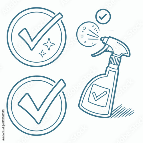A vector graphic illustration of a cleaning spray bottle with checkmark icons, symbolizing approved cleaning products and services.