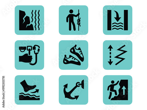 Rock Climbing and Outdoor Adventure Icons.
