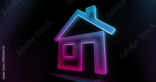 Smart home glass style symbol seamless and looped. Colour transparent 3d light neon rotated icon concept abstract animation.