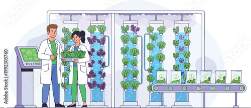 Hydroponic farming, indoor agriculture, lab grown plants, scientists working