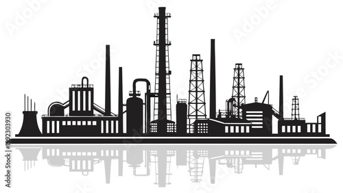 Vector illustration of industrial factory complex silhouette with reflection industry industrial silhouette