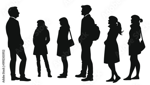 Vector illustration of a professional group standing and talking together with silhouette standing business