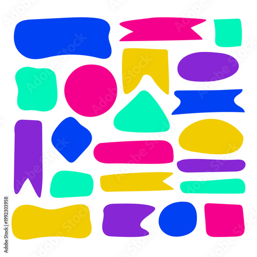 Colorful irregular blobs pack. Collection of organic geometric shapes. Neon colors text box sticker. Modern playful elements for label, UI, branding, poster, social media, packaging, scrapbooking