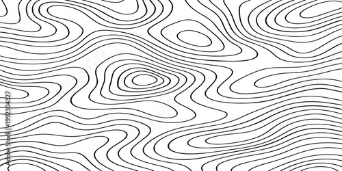 Seamless vector illustration of abstract black and white topographic map contour lines, featuring smooth flowing elevation curves and layered geographic patterns in a high-contrast monochrome style.