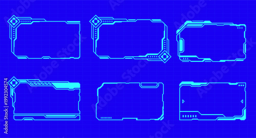 Futuristic frame hud digital interface designs on a blue background. The frames have a modern, technology-focused appearance, with glowing lines and a sci-fi feel