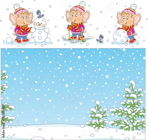 Cute little elephant with a small bird making a funny snowman and skiing in a beautiful park with snow-covered fir tree on a snowy winter day, a set of vector cartoon illustrations