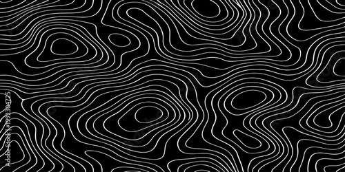 Seamless vector illustration of abstract black and white topographic map contour lines, featuring smooth flowing elevation curves and layered geographic patterns in a high-contrast monochrome style.