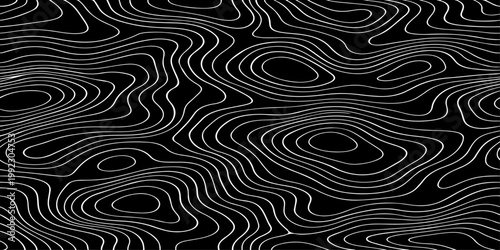 Seamless vector illustration of abstract black and white topographic map contour lines, featuring smooth flowing elevation curves and layered geographic patterns in a high-contrast monochrome style.