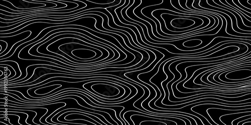 Seamless vector illustration of abstract black and white topographic map contour lines, featuring smooth flowing elevation curves and layered geographic patterns in a high-contrast monochrome style.