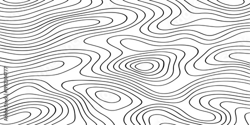 Seamless vector illustration of abstract black and white topographic map contour lines, featuring smooth flowing elevation curves and layered geographic patterns in a high-contrast monochrome style.