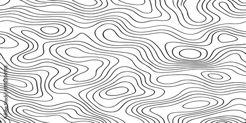 Seamless vector illustration of abstract black and white topographic map contour lines, featuring smooth flowing elevation curves and layered geographic patterns in a high-contrast monochrome style.