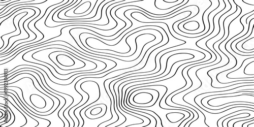 Seamless vector illustration of abstract black and white topographic map contour lines, featuring smooth flowing elevation curves and layered geographic patterns in a high-contrast monochrome style.