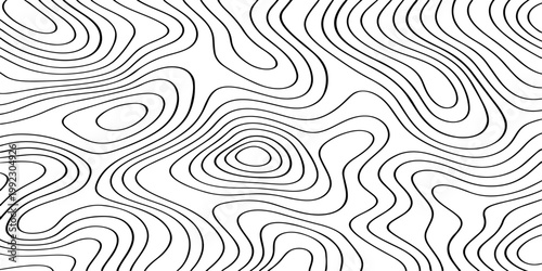 Seamless vector illustration of abstract black and white topographic map contour lines, featuring smooth flowing elevation curves and layered geographic patterns in a high-contrast monochrome style.