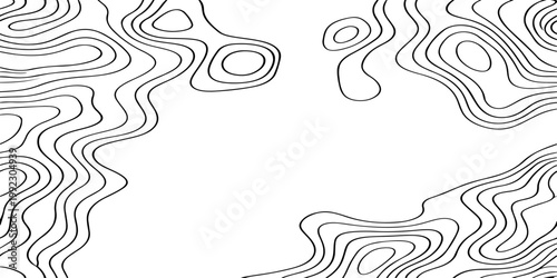 Seamless vector illustration of abstract black and white topographic map contour lines, featuring smooth flowing elevation curves and layered geographic patterns in a high-contrast monochrome style.