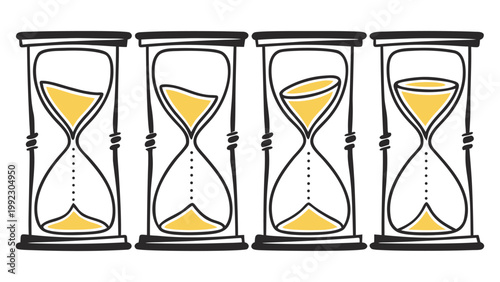 Vector illustration of four hourglasses showing different stages of sand flowing with hourglass, countdown