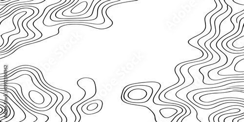 Seamless vector illustration of abstract black and white topographic map contour lines, featuring smooth flowing elevation curves and layered geographic patterns in a high-contrast monochrome style.