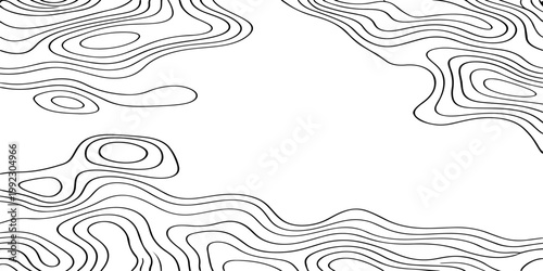 Seamless vector illustration of abstract black and white topographic map contour lines, featuring smooth flowing elevation curves and layered geographic patterns in a high-contrast monochrome style.
