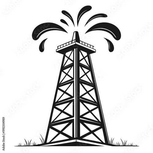 Vector illustration of an oil drilling rig with erupting fountain drilling industry petroleum fountain
