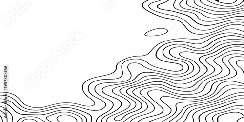 Seamless vector illustration of abstract black and white topographic map contour lines, featuring smooth flowing elevation curves and layered geographic patterns in a high-contrast monochrome style.