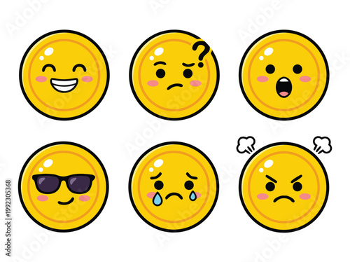 Set of Six Yellow Emoticon Faces with Different Expressions.