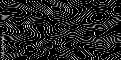 Seamless vector illustration of abstract black and white topographic map contour lines, featuring smooth flowing elevation curves and layered geographic patterns in a high-contrast monochrome style.