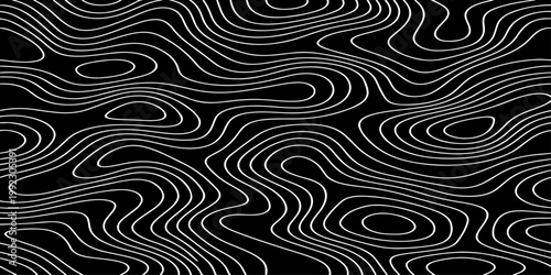 Seamless vector illustration of abstract black and white topographic map contour lines, featuring smooth flowing elevation curves and layered geographic patterns in a high-contrast monochrome style.