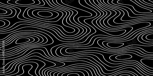 Seamless vector illustration of abstract black and white topographic map contour lines, featuring smooth flowing elevation curves and layered geographic patterns in a high-contrast monochrome style.