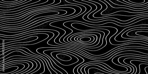 Seamless vector illustration of abstract black and white topographic map contour lines, featuring smooth flowing elevation curves and layered geographic patterns in a high-contrast monochrome style.