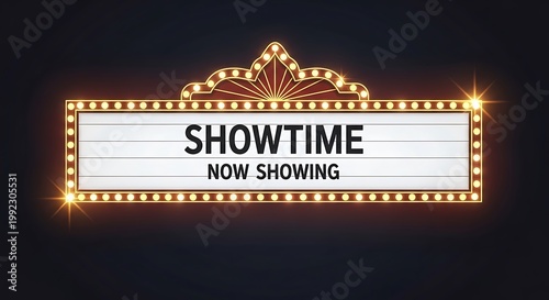 Illuminated marquee sign displays text announcing an event commencing immediately against a dark background