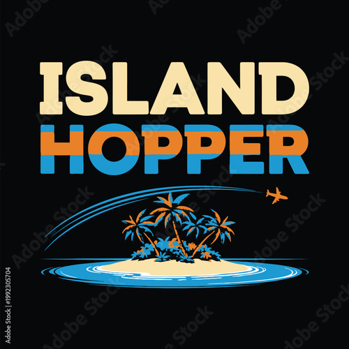Island Hopper logo with palm trees and airplane flying over a tropical island design