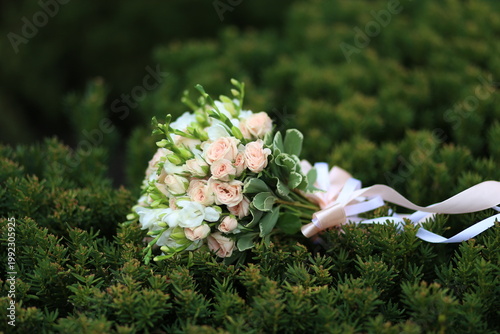 Bouquet, roses, wedding, flowers, greenery, ribbons, nature