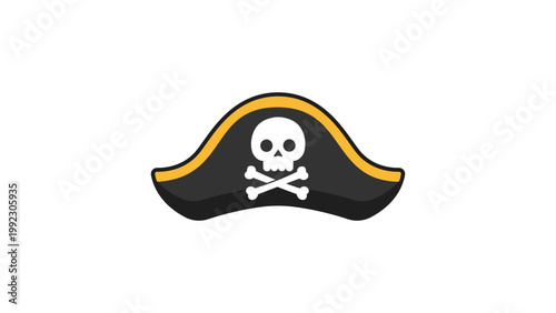 Bild auf Leinwand Pirate Hat Vector Icon Illustration with Skull and Crossbones Jolly Roger Symbol, Modern Flat Design Tricorne Hat with Yellow Trim and Editable Stroke for Sea Adventure and Pirate Themed Art