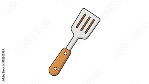 Modern Flat Vector Icon Illustration of a Kitchen Spatula with a Wooden Handle and Slotted Metal Head, Isolated on White Background with Editable Stroke for Customizable Line Weight and Design.