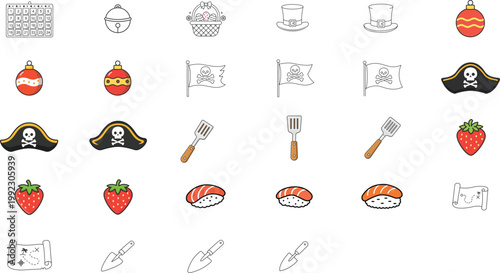 28 Hand-drawn vector icon set: Christmas ornaments, pirate hats, sushi, strawberries, garden tools, and treasure maps. Minimalist line art collection with editable stroke for custom line weight.