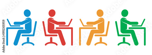 People working on laptop computers at desks icon set, office workers students colorful productivity concept, modern clean vector illustration