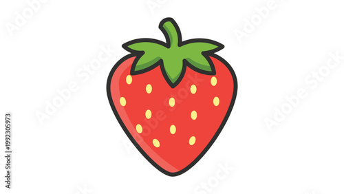 Modern flat vector illustration of a plump red strawberry with green leaves and yellow seeds. This clean, minimalist strawberry icon features an editable stroke for customizable line weight.