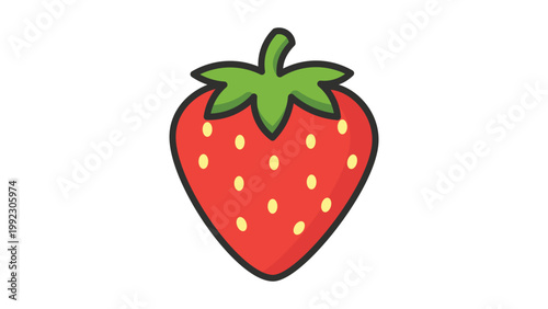 Modern Flat Strawberry Vector Icon Illustration with Editable Stroke. A plump red berry fruit with green leaves and yellow seeds on a white background, perfect for food and healthy diet designs.