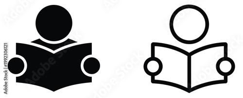 Reading book icon set featuring reader education and learning symbols, open book elements, knowledge and study graphics,