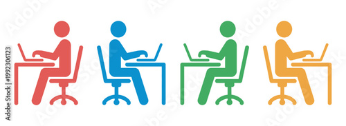 People working on laptops at desks icon set, office workers students study work concept, colorful flat design, modern professional vector set