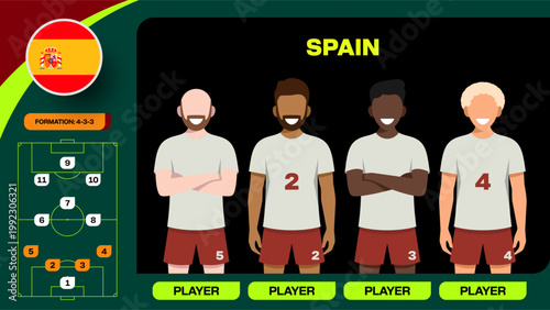 Spanish Football Team Lineup Presentation for 2026 Tournament Match Strategy in Dynamic Vector Art Style