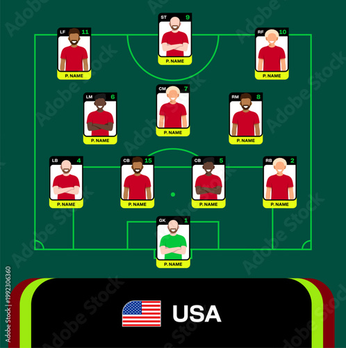 Stylized Football Starting Lineup Illustration Showing Team Formation for a 2026 Sports Tournament Qualification Match Presentation
