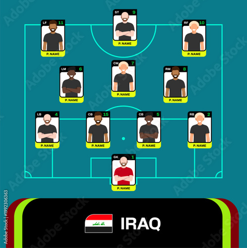 Iraq Football Team Starting Lineup Formation for 2026 Tournament Match Strategy Presentation in Stylized Vector