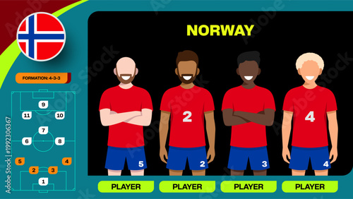 Norway Football Team Lineup Presentation for 2026 Tournament Match Strategy in Stylized Vector Design