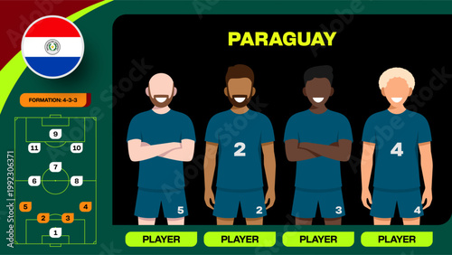 Paraguay Football 2026 Team Lineup Announcing Dynamic Formation for International Tournament Match Presentation Vector