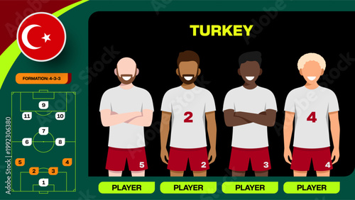 Stylized Turkey Football 2026 Team Lineup and Formation Presentation for International Tournament Match Vector Graphic