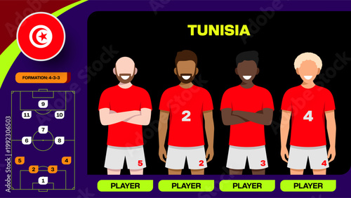 Tunisia Football 2026 Team Lineup Presentation, Player Formation 4-3-3 for Soccer Tournament Match Announcement, Dynamic Vector Art.