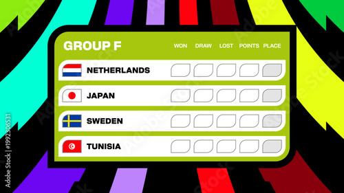 Modern Football 2026 Tournament Group Table Design Displaying Qualification Teams and Match Standings for Football 2026 Competition.