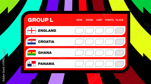 Vibrant Football 2026 Tournament Group L Table with National Team Flags for Sports Competition Announcement Design.