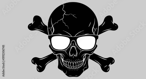 Black skull and crossbones vector illustration, edgy human cranium with sunglasses and cracked texture, pirate jolly roger graphic for apparel design